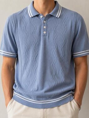 OXKNIT Store Knit Polo Sweater Shirt Men's XL Baby Blue Retro 60s 70s Mod Style